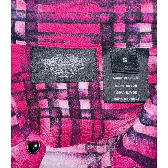Harley-Davidson Womens Pink Plaid Button-Up Shirt S Rayon - Picture 6 of 7